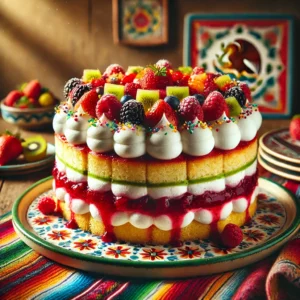 Biscuittaart met luchtige biscuitlagen gevuld met rode bessenconfituur en slagroom, rijkelijk bestreken met slagroom en afgewerkt met hagelslag en kleurrijk vers fruit. Een feestelijk en verleidelijk dessert.