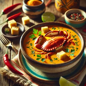 Bisque de Crabe, een romige oranje krabsoep met stukken verse krab, goudbruine croutons, en verse kervel. Geserveerd in een traditionele keramische schaal met een rijke en verfijnde uitstraling.