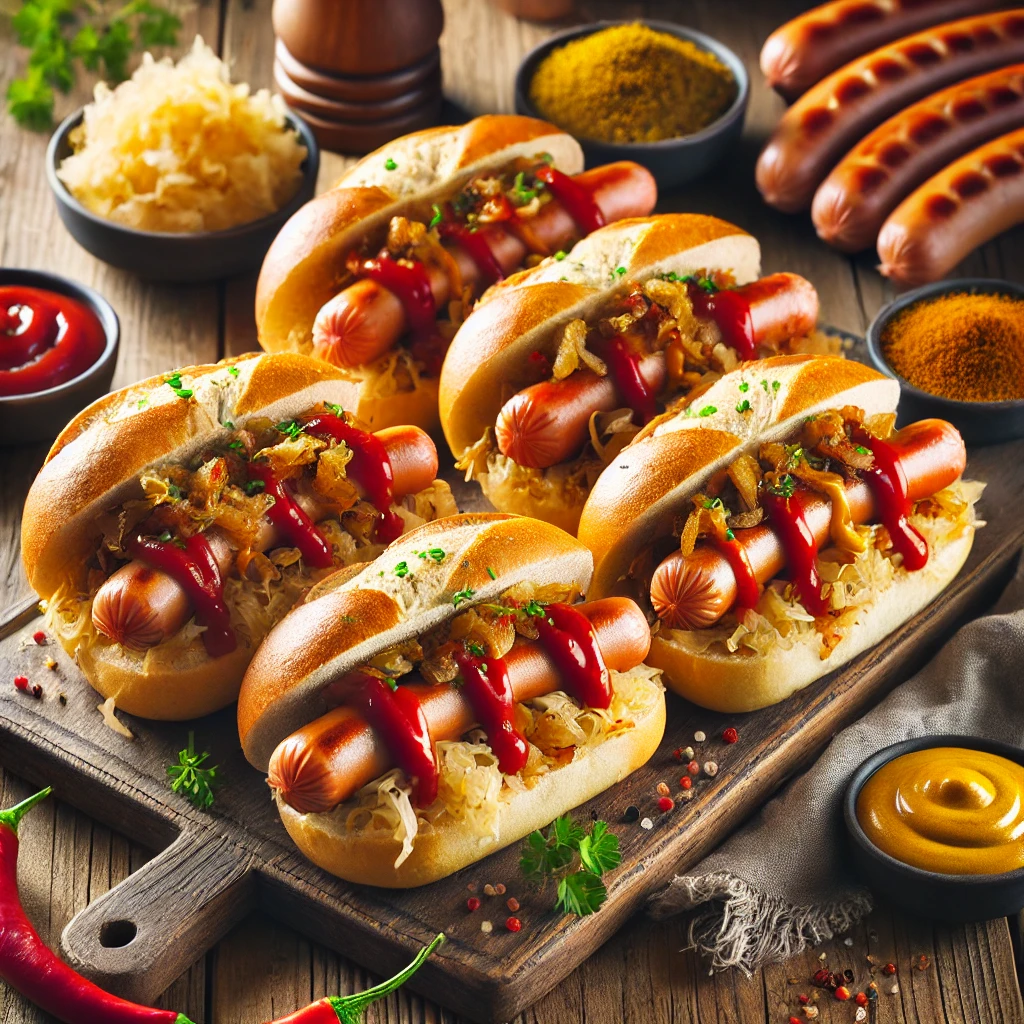 Broodjes frankfurter met zuurkool, gebakken paprika en uien, besprenkeld met curryketchup en scherpe mosterd, afgewerkt met fijngeknipte bieslook, gepresenteerd op een houten plank met decoratie van verse ingrediënten.
