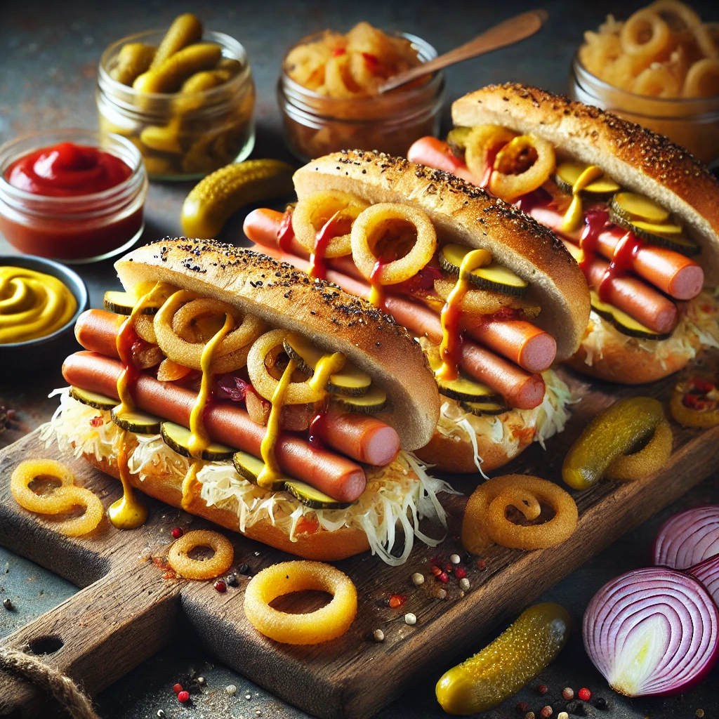 Broodjes gevuld met vegetarische rookworst, gebakken zuurkool en uiringen, gegarneerd met zilveruitjes, augurkjes, mosterd en piccalilly, geserveerd op een houten plank met decoratie van verse ingrediënten.