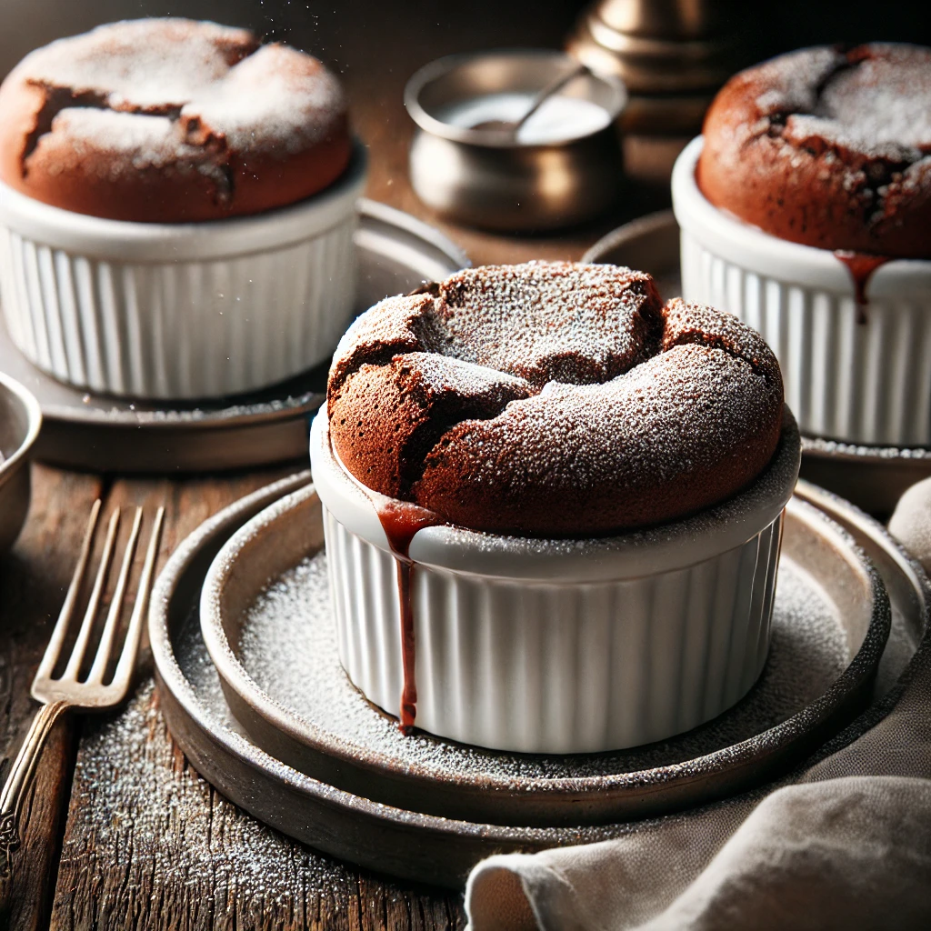 Elegante chocoladesoufflé in individuele ramekins, vers uit de oven, perfect gerezen met een licht gebarsten top en bestrooid met poedersuiker, gepresenteerd op kleine witte bordjes met een vorkje op een rustieke houten tafel in zacht natuurlijk licht.