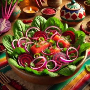Bietensalade geserveerd in een rustieke schaal, met een basis van verse paksoibladeren, gegarneerd met fijngesneden rode bietjes, dunne rode uienringen en reepjes zalm. Licht besprenkeld met wijnazijn voor een frisse smaak. Een kleurrijk en gezond voorgerecht.