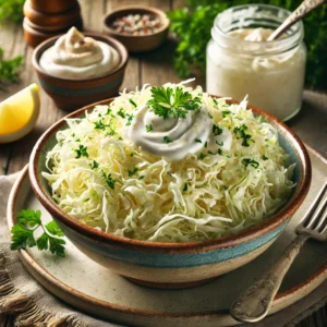 Salade van witte kool, dun gesneden en gemengd met een romige dressing van mayonaise, room, geraspte mierikwortel en citroensap, geserveerd in een rustieke kom en gegarneerd met verse peterselie en een schijfje citroen.