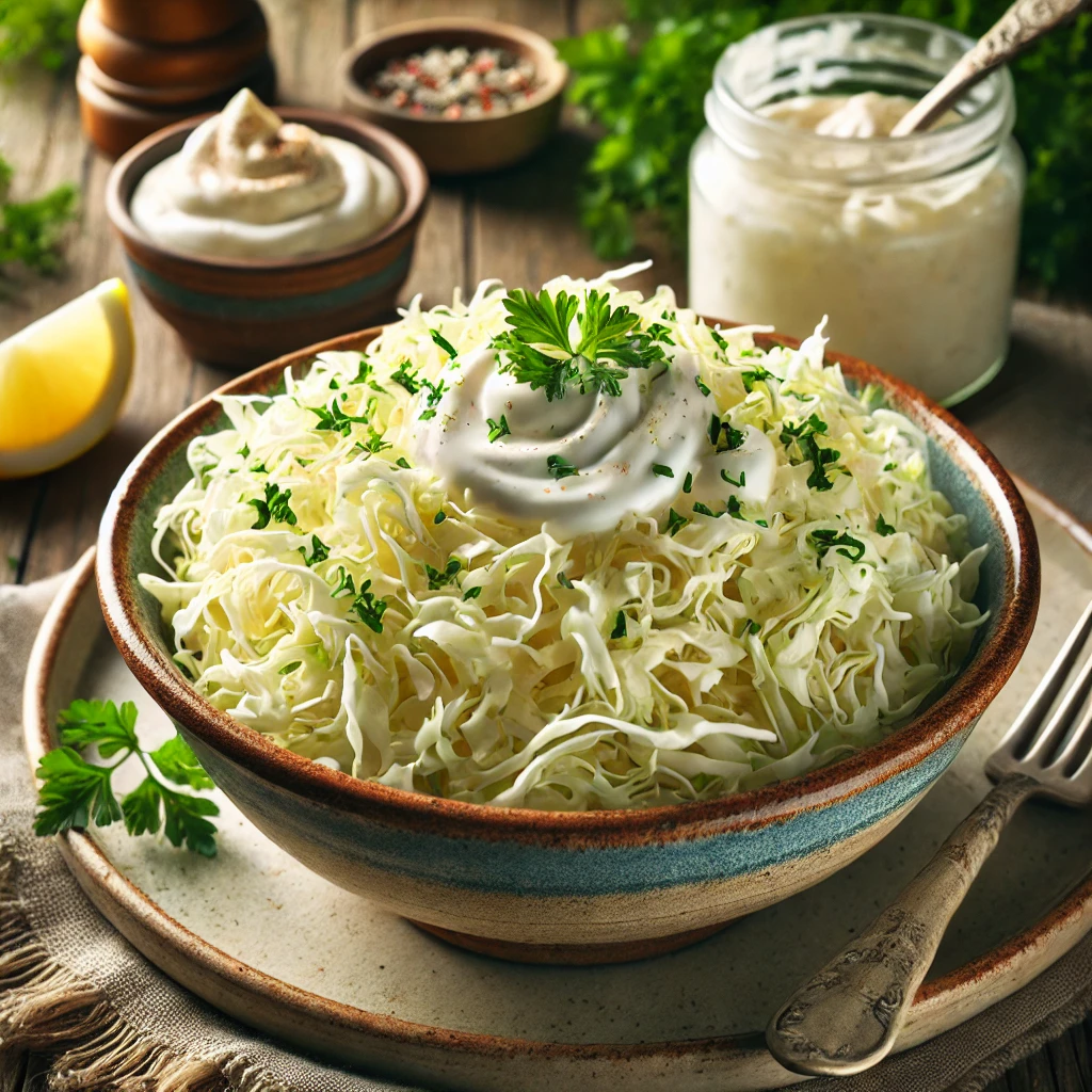 Salade van witte kool, dun gesneden en gemengd met een romige dressing van mayonaise, room, geraspte mierikwortel en citroensap, geserveerd in een rustieke kom en gegarneerd met verse peterselie en een schijfje citroen.