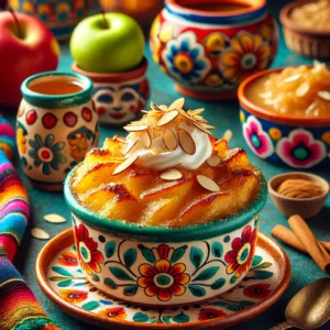 Gegratineerde appelmoes met een karamellaag, geschaafde amandelen en een vleugje kaneel, geserveerd in kleurrijke keramische schaaltjes.