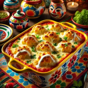 Gegratineerde bloemkool met een goudbruine kaaskorst, tomatensaus, groene olijven en Italiaanse kruiden, geserveerd in een kleurrijke ovenschaal.