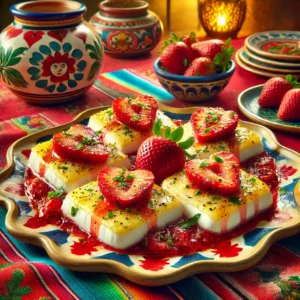 Gegratineerde mozzarella met aardbeien, gegarneerd met bieslook en versgemalen zwarte peper, geserveerd op een kleurrijke schaal.
