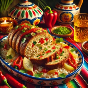 Gehaktbrood met rijst, gesneden in plakken, gevuld met ui, paprika en prei, geserveerd op een kleurrijke schaal en gegarneerd met verse kruiden.