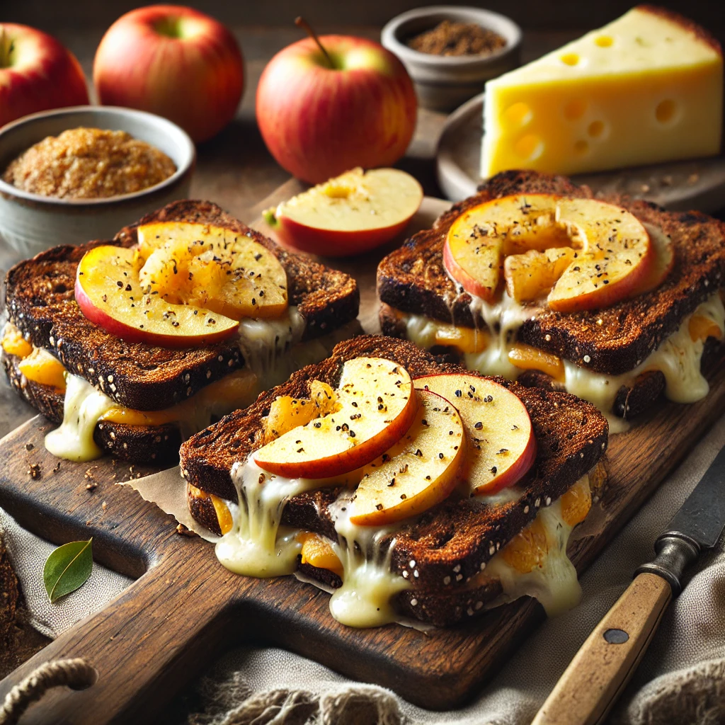 Appeltosti's met donker volkorenbrood, gevuld met gesmolten komijnekaas en gebakken appelpartjes, geserveerd op een houten plank met decoratie van verse appels en een blok komijnekaas.