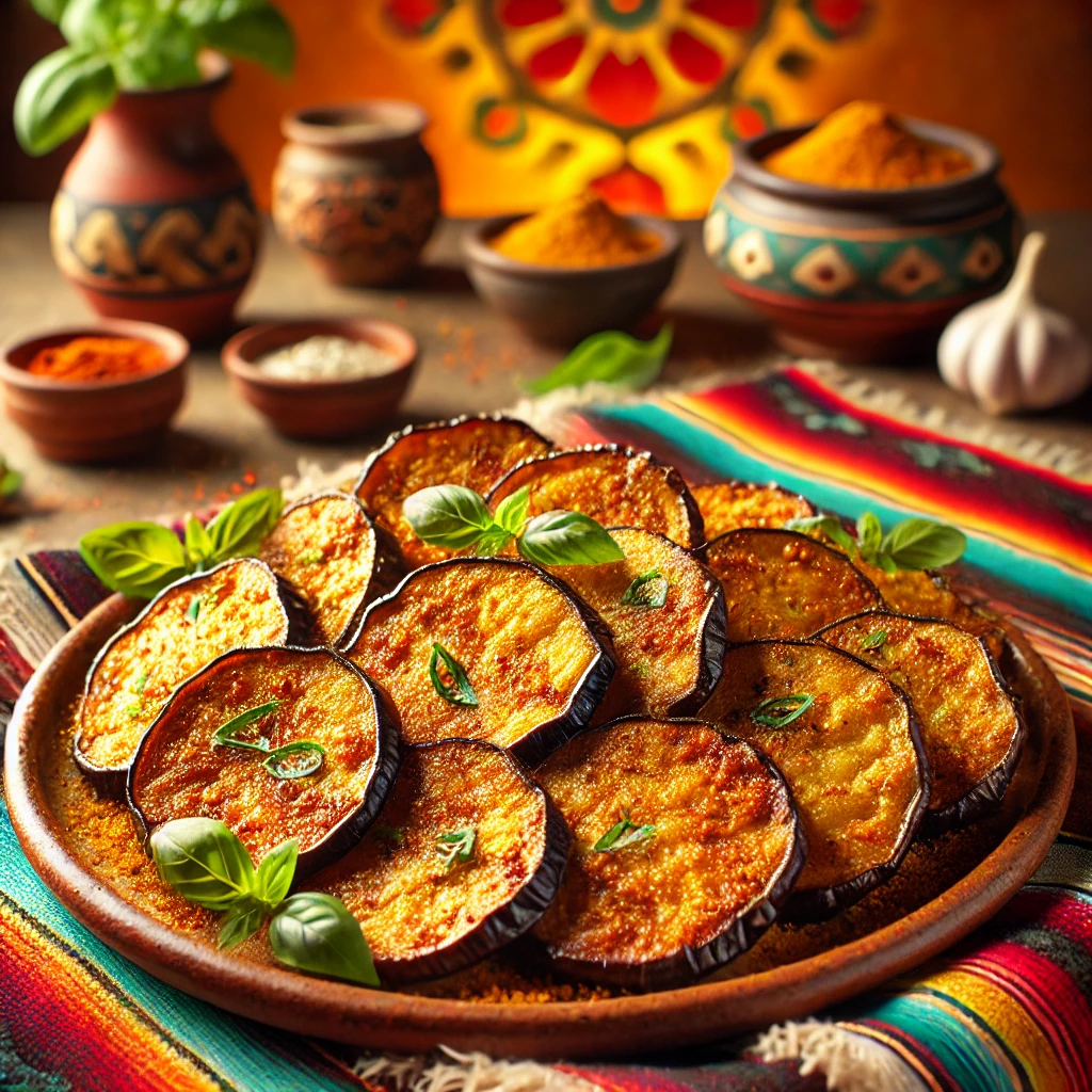 Goudbruine gebakken aubergineplakken, zorgvuldig gerangschikt op een rustiek keramisch bord. De plakken zijn bedekt met een krokante laag gekruide bloem, op smaak gebracht met kerriepoeder, knoflookpoeder en basilicum, en gegarneerd met verse basilicumblaadjes. De warme achtergrond straalt een uitnodigende sfeer uit met levendige kleuren en subtiele decoratieve patronen. 🍆🌿✨