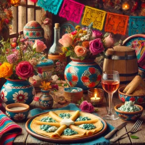De afbeelding toont een levendige en feestelijke presentatie van pannenkoeken met Roquefort-kaas, geserveerd op een rustieke houten tafel met kleurrijke Mexicaanse decoraties. Perfect om van te genieten!
