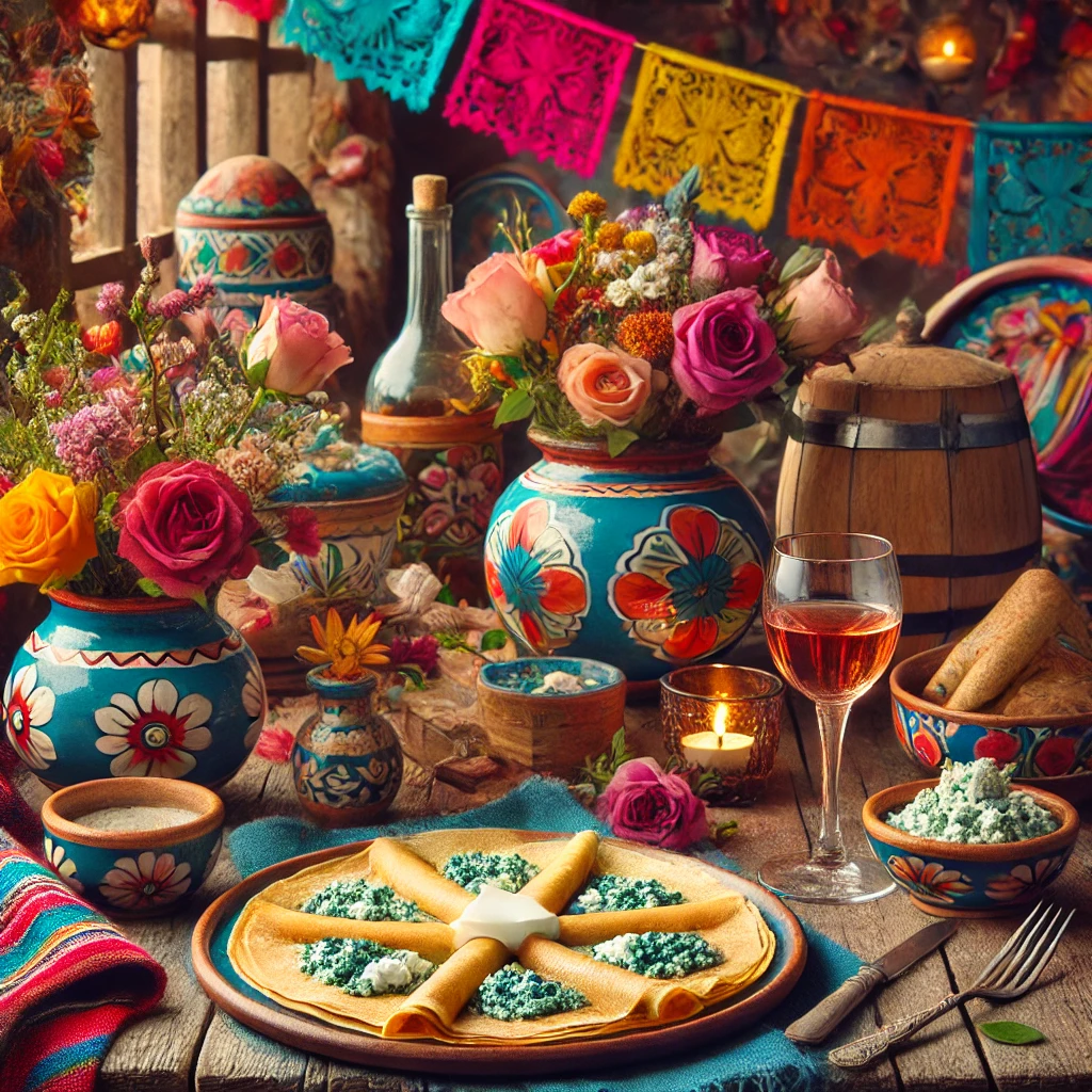 De afbeelding toont een levendige en feestelijke presentatie van pannenkoeken met Roquefort-kaas, geserveerd op een rustieke houten tafel met kleurrijke Mexicaanse decoraties. Perfect om van te genieten!