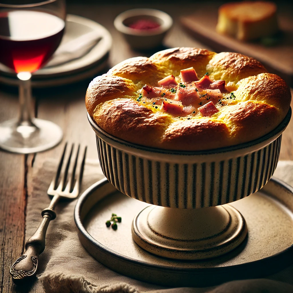 Hartige hamsoufflé, vers uit de oven, met een goudbruine korst en zichtbaar fijngehakte ham en champignons, geserveerd in een souffléschaal op een rustieke houten tafel, met een glas rode wijn en een bijpassend bordje met vork in zacht natuurlijk licht.