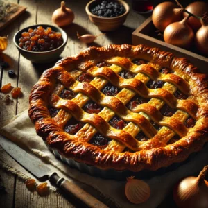 Een goudbruine taart met merg en gekarameliseerde uien in een bladerdeegkorst, met een decoratief raster van deeg, geserveerd op een rustieke houten tafel met rozijnen, rode wijn en verse uien op de achtergrond.