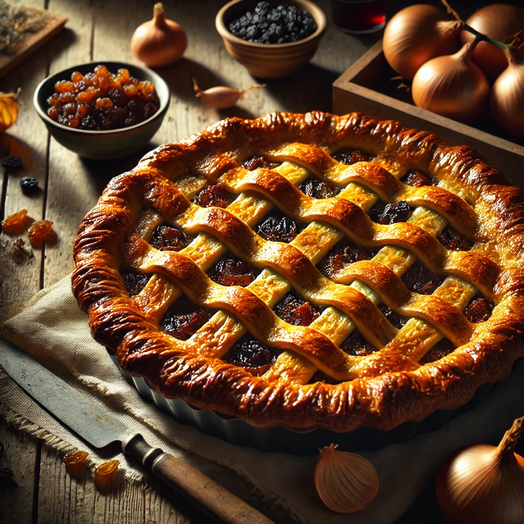 Een goudbruine taart met merg en gekarameliseerde uien in een bladerdeegkorst, met een decoratief raster van deeg, geserveerd op een rustieke houten tafel met rozijnen, rode wijn en verse uien op de achtergrond.