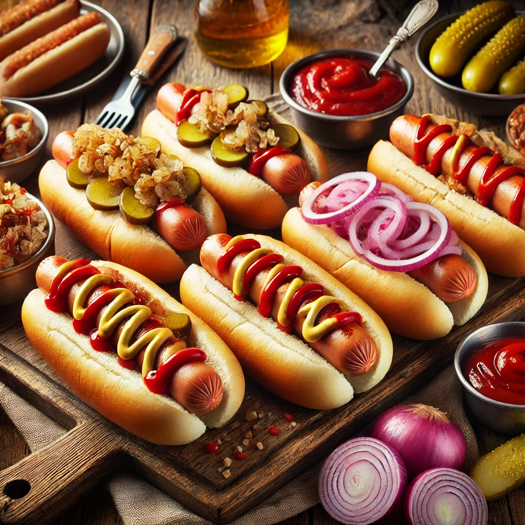 Hollandse hotdogs in witte pistoletjes, belegd met gebakken uien, tomatenketchup, grove mosterd, augurkjes en zilveruitjes, geserveerd op een houten plank met decoratie van sausjes en augurken.