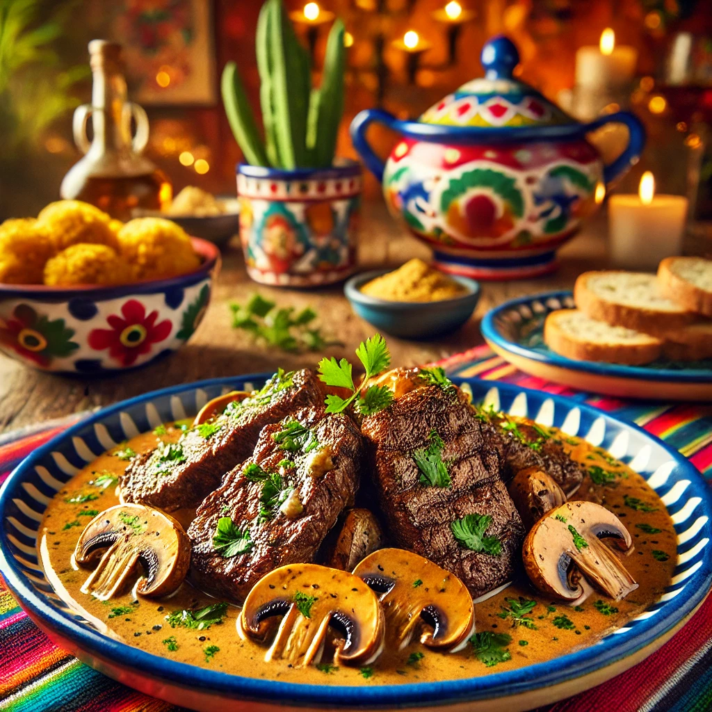 Biefstukreepjes met champignons in een romige whiskysaus, geserveerd op een kleurrijke schaal en gegarneerd met verse kruiden.