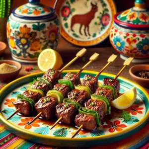 Japanse biefstuk kebab met prei, geserveerd op een kleurrijke schaal, geglazuurd met sojasaus en gegarneerd met citroenpartjes en verse kruiden.