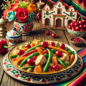 Een kleurrijke en feestelijke Mexicaans geĂŻnspireerde presentatie van kippenragout met groenten en gekonfijte kersen, geserveerd in een elegante schaal op een rustieke houten tafel, omlijst door felgekleurde bloemen en traditionele Mexicaanse decoraties.