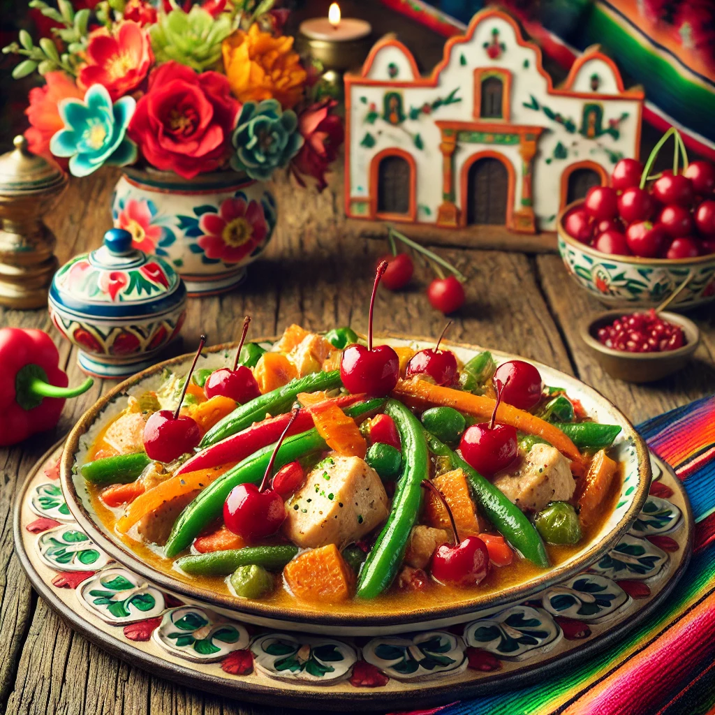 Een kleurrijke en feestelijke Mexicaans geïnspireerde presentatie van kippenragout met groenten en gekonfijte kersen, geserveerd in een elegante schaal op een rustieke houten tafel, omlijst door felgekleurde bloemen en traditionele Mexicaanse decoraties.