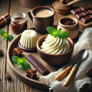 Een schaaltje romig vanilleijs, gegarneerd met een takje munt en een vleugje vanillepoeder, geserveerd op een rustieke houten tafel met chocoladesaus en een houten lepel op de achtergrond.