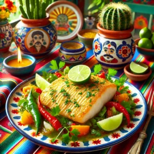 Krokante scholfilet met een goudbruine kruidenkorst, geserveerd op een kleurrijk Mexicaans keramisch bord, gegarneerd met limoen en verse kruiden, omringd door levendige groenten en een feestelijke Mexicaanse achtergrond met traditionele textielen, cactussen en Talavera keramiek.