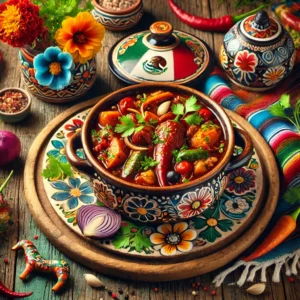 Een kleurrijke en feestelijke Mexicaans geĂŻnspireerde presentatie van een hartige stoofpot, geserveerd in een rustieke aardewerken pot, omringd door Mexicaanse decoraties zoals bloemen en keramische figuren, op een houten tafel. De stoofpot bevat rijke groenten en een hartige saus zonder herkenbare dierlijke vormen.