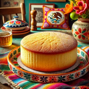Een luchtige biscuitcake, goudbruin gebakken en gepresenteerd op een kleurrijk bord. De cake heeft een gladde, lichte textuur en is subtiel bestoven met poedersuiker. Perfect voor creatieve versieringen.