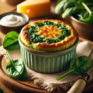 Een goudbruine spinaziesoufflé met een luchtige spinazievulling, geserveerd in een keramieken schaaltje op een rustieke houten tafel met verse spinazieblaadjes, Gruyère kaas en room op de achtergrond.