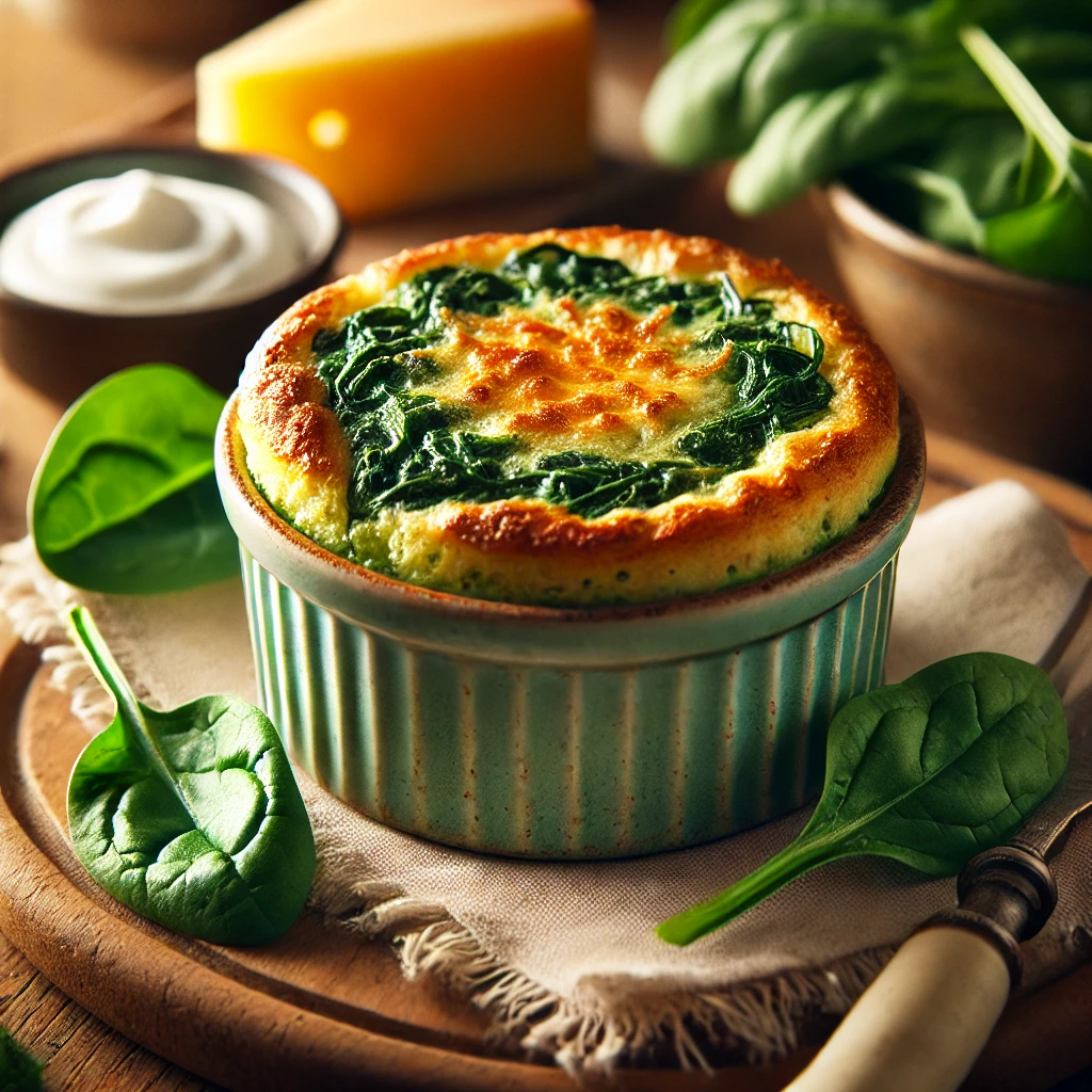 Een goudbruine spinaziesoufflé met een luchtige spinazievulling, geserveerd in een keramieken schaaltje op een rustieke houten tafel met verse spinazieblaadjes, Gruyère kaas en room op de achtergrond.