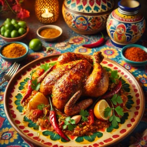 Besengeh Tegal, geroosterde kip met een kruidige kokosmelkmarinade, geserveerd op een kleurrijke schaal en gegarneerd met rode peper en verse kruiden.