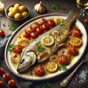 Snoek gebakken in witte wijnsaus, geserveerd op een ovale porseleinen schaal, omringd door geroosterde tomaten en uiringen, gegarneerd met peterselie en schijfjes citroen, met een bijgerecht van peterselieaardappelen en een glas witte wijn in een rustieke setting.