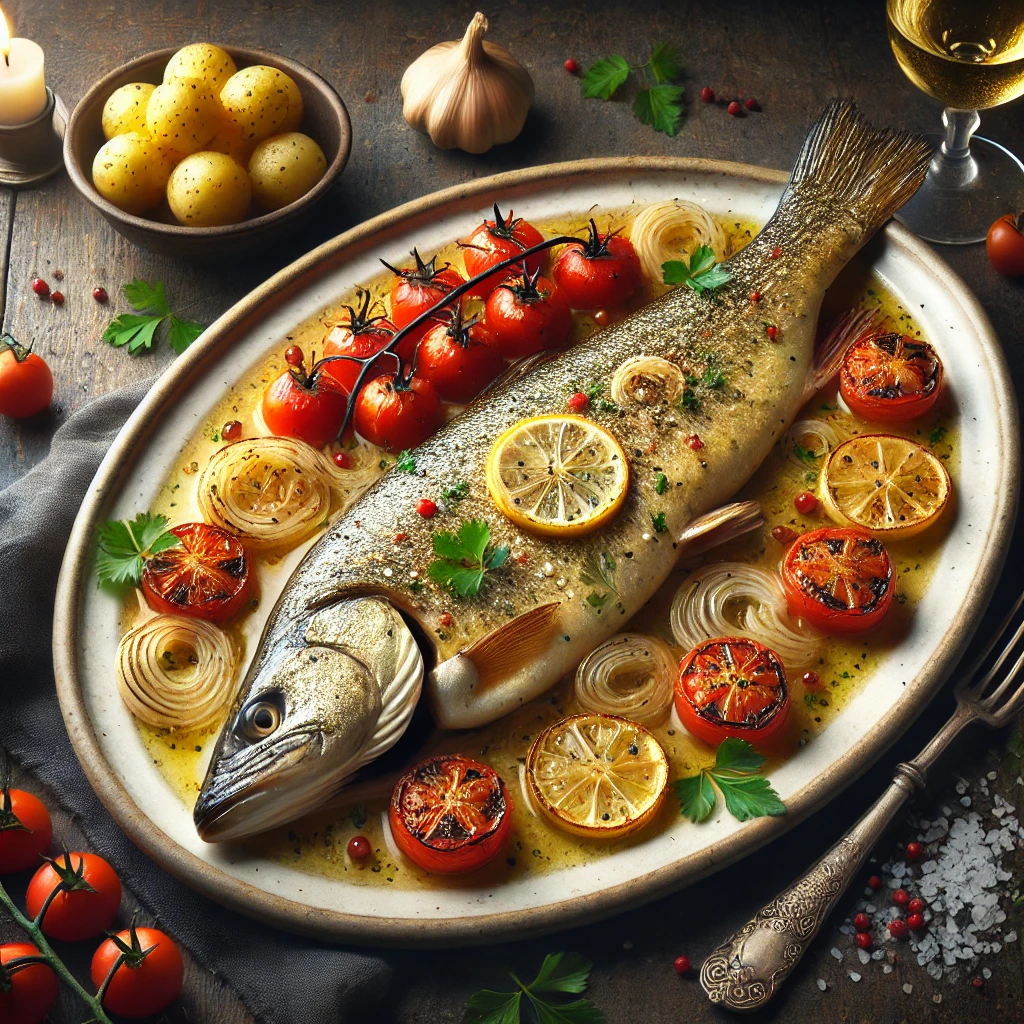 Snoek gebakken in witte wijnsaus, geserveerd op een ovale porseleinen schaal, omringd door geroosterde tomaten en uiringen, gegarneerd met peterselie en schijfjes citroen, met een bijgerecht van peterselieaardappelen en een glas witte wijn in een rustieke setting.
