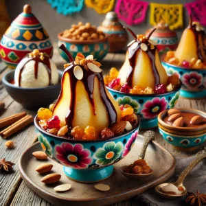 Een levendige en elegante presentatie van het dessert 'Peren Surprise,' met gepocheerde peerstukken bedekt met een glanzende chocoladesaus, gegarneerd met amandel- of hazelnootschilfers, geserveerd in individuele kommetjes met een bolletje vanille-ijs aan de zijkant. De setting heeft kleurrijke Mexicaans geĂŻnspireerde decoraties en een rustieke houten tafel voor een feestelijke uitstraling.