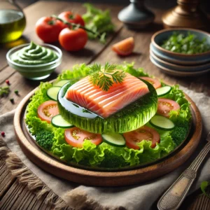 Een elegant opgemaakt bord met gepocheerde zalm, bedekt met een glanzende visgelei, geserveerd op slabladeren. Het gerecht is gegarneerd met plakjes tomaat en komkommer, vergezeld van een kommetje groene kruidenmayonaise. De rustieke houten tafel heeft een warme uitstraling, met zachte, natuurlijke belichting.