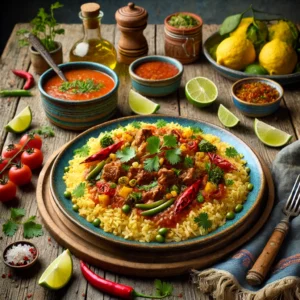 Een levendig en kleurrijk gerecht van rijst met tonijn in Mexicaanse stijl, gepresenteerd in een grote schaal. De luchtige rijst is bedekt met sappige tonijnfilets en een rijke saus van tomaten, uien en witte wijn met een vleugje kerrie. Het gerecht is gegarneerd met schijfjes citroen, verse koriander en een snufje chili poeder. De schaal staat op een rustieke houten tafel met een felgekleurd Mexicaans tafelkleed in vrolijke lichte tinten, decoratieve limoenpartjes en een glas witte wijn, verlicht door helder natuurlijk licht.