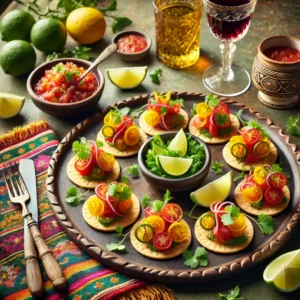 Een elegant gerecht van romige roereieren met plakjes kalfsnier, geserveerd op knapperige bladerdeegcanapés in een Mexicaanse stijl. De goudbruine canapés zijn versierd met verse koriander en omringd door limoenpartjes, een klein schaaltje salsa, en een glas rode wijn. Het gerecht ligt op een kleurrijk Mexicaans tafelkleed, verlicht door helder natuurlijk licht dat de levendige uitstraling benadrukt.