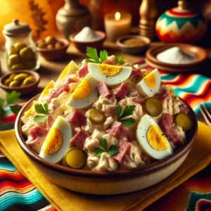 Een romige eiersalade geserveerd in een rustieke keramische kom, met fijngehakte hardgekookte eieren, reepjes rookvlees, blokjes augurk en fijngesneden sjalot, gemengd met mayonaise. De salade is afgewerkt met een vleugje witte peper en verse peterselie. De warme achtergrond straalt een uitnodigende sfeer uit met levendige kleuren en subtiele decoratieve patronen. 🥚🥒🌿✨