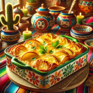 Gegratineerde aardappelschotel met een goudbruine kaaskorst en selderijblad, geserveerd in een kleurrijke keramische ovenschaal.