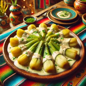Een kleurrijke en feestelijke presentatie van prei met room, in een Mexicaans geĂŻnspireerd thema met traditionele kleuren en decoraties.