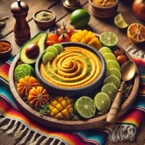 Een kleurrijke presentatie van romige rapenpuree in een rustieke schaal, gegarneerd met fijngehakte peterselie en een schijfje citroen. De schaal staat op een houten tafel met een felgekleurd Mexicaans tafelkleed, omringd door decoratieve limoenpartjes en een klein schaaltje kruiden, verlicht door helder natuurlijk licht dat de warme en uitnodigende Mexicaanse sfeer benadrukt.