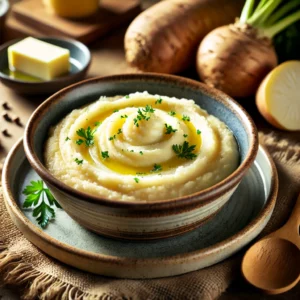 Een prachtig gepresenteerd gerecht van romige selderieknol- en aardappelpuree, geserveerd in een rustieke keramische kom. De puree is fluweelzacht en smeuïg, met een vleugje boter en melk, en is gegarneerd met fijngehakte verse peterselie. Het gerecht staat op een houten tafel, vergezeld van een houten lepel en enkele verse ingrediënten zoals citroen, boter en een hele selderieknol op de achtergrond. Zacht, warm licht benadrukt de uitnodigende en troostrijke uitstraling van het gerecht.