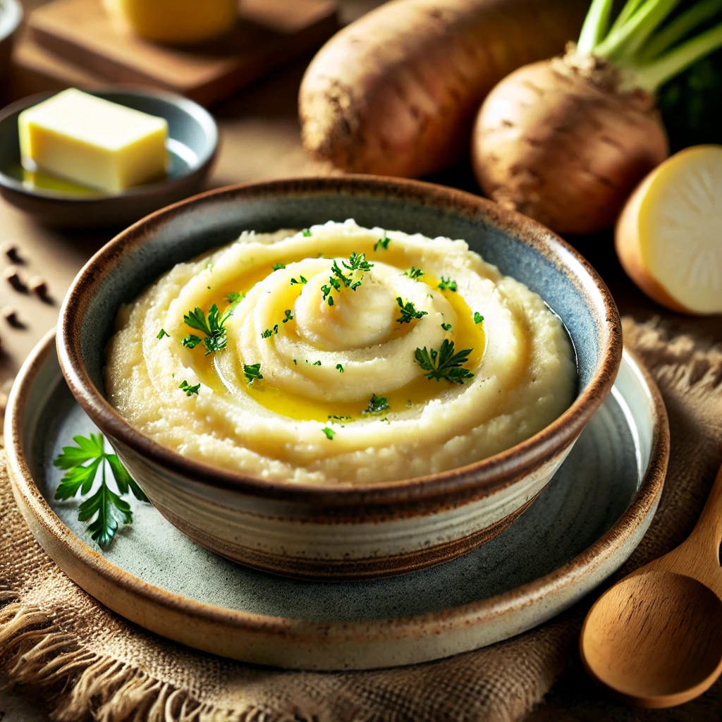 Een prachtig gepresenteerd gerecht van romige selderieknol- en aardappelpuree, geserveerd in een rustieke keramische kom. De puree is fluweelzacht en smeuïg, met een vleugje boter en melk, en is gegarneerd met fijngehakte verse peterselie. Het gerecht staat op een houten tafel, vergezeld van een houten lepel en enkele verse ingrediënten zoals citroen, boter en een hele selderieknol op de achtergrond. Zacht, warm licht benadrukt de uitnodigende en troostrijke uitstraling van het gerecht.