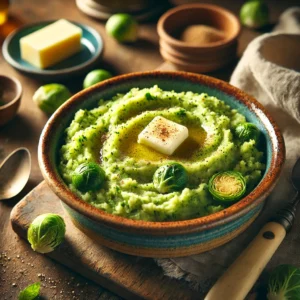 Een kom spruitjespuree met een romige textuur en felgroene kleur, gegarneerd met geraspte nootmuskaat en een smeltende klont boter, geserveerd op een rustieke houten tafel met een lepel en een schaaltje boter op de achtergrond.