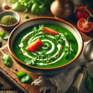 Een kom waterkerssoep met een levendige groene kleur, gegarneerd met verse waterkersblaadjes, gehakte peterselie en plakjes tomaat. Er is een sierlijke swirl van room op de soep. De rustieke houten tafel en zachte natuurlijke belichting zorgen voor een warme en uitnodigende sfeer.