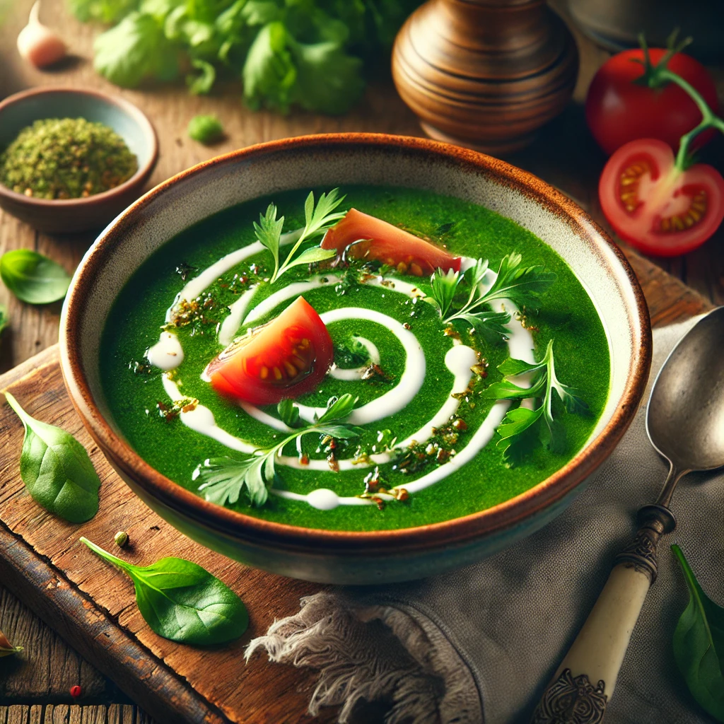 Een kom waterkerssoep met een levendige groene kleur, gegarneerd met verse waterkersblaadjes, gehakte peterselie en plakjes tomaat. Er is een sierlijke swirl van room op de soep. De rustieke houten tafel en zachte natuurlijke belichting zorgen voor een warme en uitnodigende sfeer.