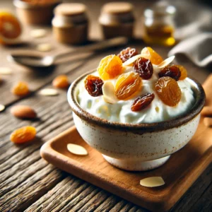 Een kommetje witte kaasdessert met rumrozijnen en amandelschilfers, licht bestoven met poedersuiker. Het gerecht wordt gekoeld geserveerd op een rustieke houten tafel, met zachte natuurlijke belichting en een warme, uitnodigende sfeer.