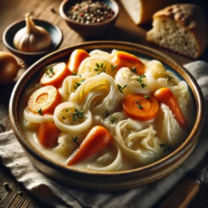 Een prachtig gepresenteerd gerecht van romige witte kool met wortel en ui, geserveerd in een rustieke keramische kom. De kool is zacht en omhuld met een fluweelzachte saus, terwijl de feloranje wortelschijfjes en glazige uien zorgen voor een mooie kleurcontrasten. Het gerecht is gegarneerd met verse kruiden voor een extra vleugje frisheid. De kom staat op een rustieke houten tafel, vergezeld van knapperig brood. Zacht, natuurlijk licht benadrukt de warme en troostrijke uitstraling van het gerecht.
