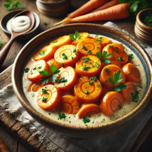 Een prachtig gepresenteerd gerecht van romige worteltjes met verse peterselie, geserveerd in een rustieke keramische kom. De worteltjes zijn in gelijkmatige schijfjes gesneden en omhuld met een fluweelzachte roomsaus met een glanzende afwerking. Een snufje fijngehakte peterselie voegt frisheid en kleur toe. De kom staat op een rustieke houten tafel, vergezeld van een houten lepel en een klein schaaltje extra room. Zacht, warm licht benadrukt de uitnodigende en troostrijke uitstraling van het gerecht.