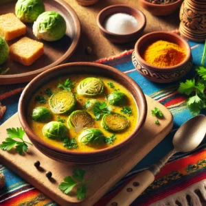 Een gezellige en smakelijke scène met een romige spruitjessoep geserveerd in een rustieke kom. De soep heeft een rijke textuur, gegarneerd met verse peterselie en kervel. De setting bevat een kleurrijk Mexicaans tafelkleed, een klein schaaltje nootmuskaat, een bordje met botercroutons en een lepel, verlicht door helder natuurlijk licht om de warme en hartige uitstraling te benadrukken.